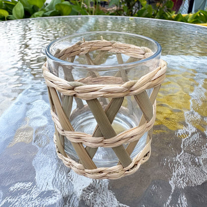 Rattan Woven Tea Light Candle Holder Set of 2 - Natural Seagrass Hand Woven Votive Tealight Candle Holder, Decorative Coastal Boho Beach House Votive Tealight Candle Holder for Dining Table Kitchen