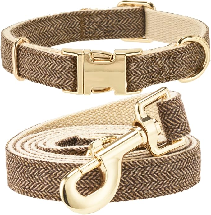 Luxury Soft Cotton Tweed Fabric Dog Collar & Leash Set with Gold Buckle – Durable Fabric, Stylish Design for Everyday Walks(Small Coffee)
