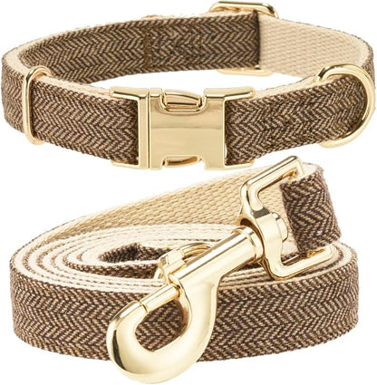 Luxury Soft Cotton Tweed Fabric Dog Collar & Leash Set with Gold Buckle – Durable Fabric, Stylish Design for Everyday Walks(Small Coffee)