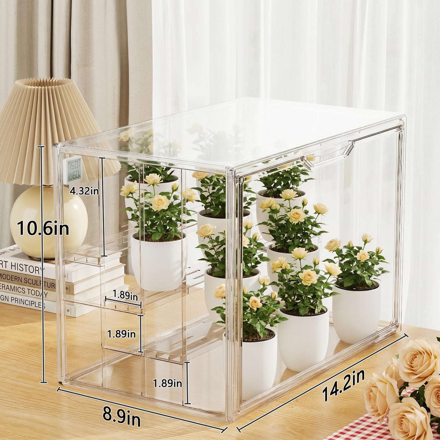 QCQHDU Clear Mini Indoor Greenhouse with Magnetic Door, Grow Light and Hygrometer, 15-Pack 2 Inch Mini Self Watering Pots