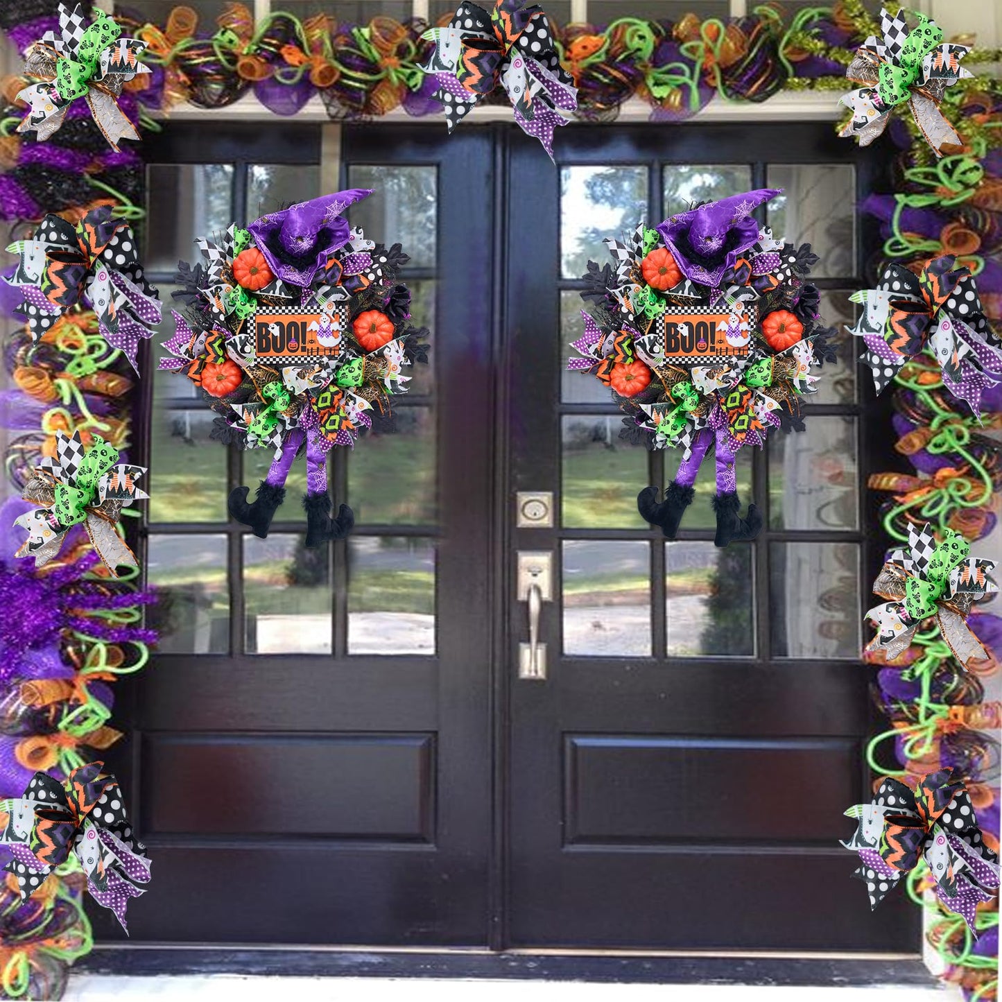 Vofuly Halloween Wreath, 20" Mesh, Orange, Green, Black, Copper, Witch Legs, Pumpkin & Witch, Fun Porch Decor