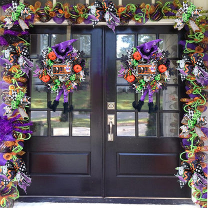 Vofuly Halloween Wreath, 20" Mesh, Orange, Green, Black, Copper, Witch Legs, Pumpkin & Witch, Fun Porch Decor