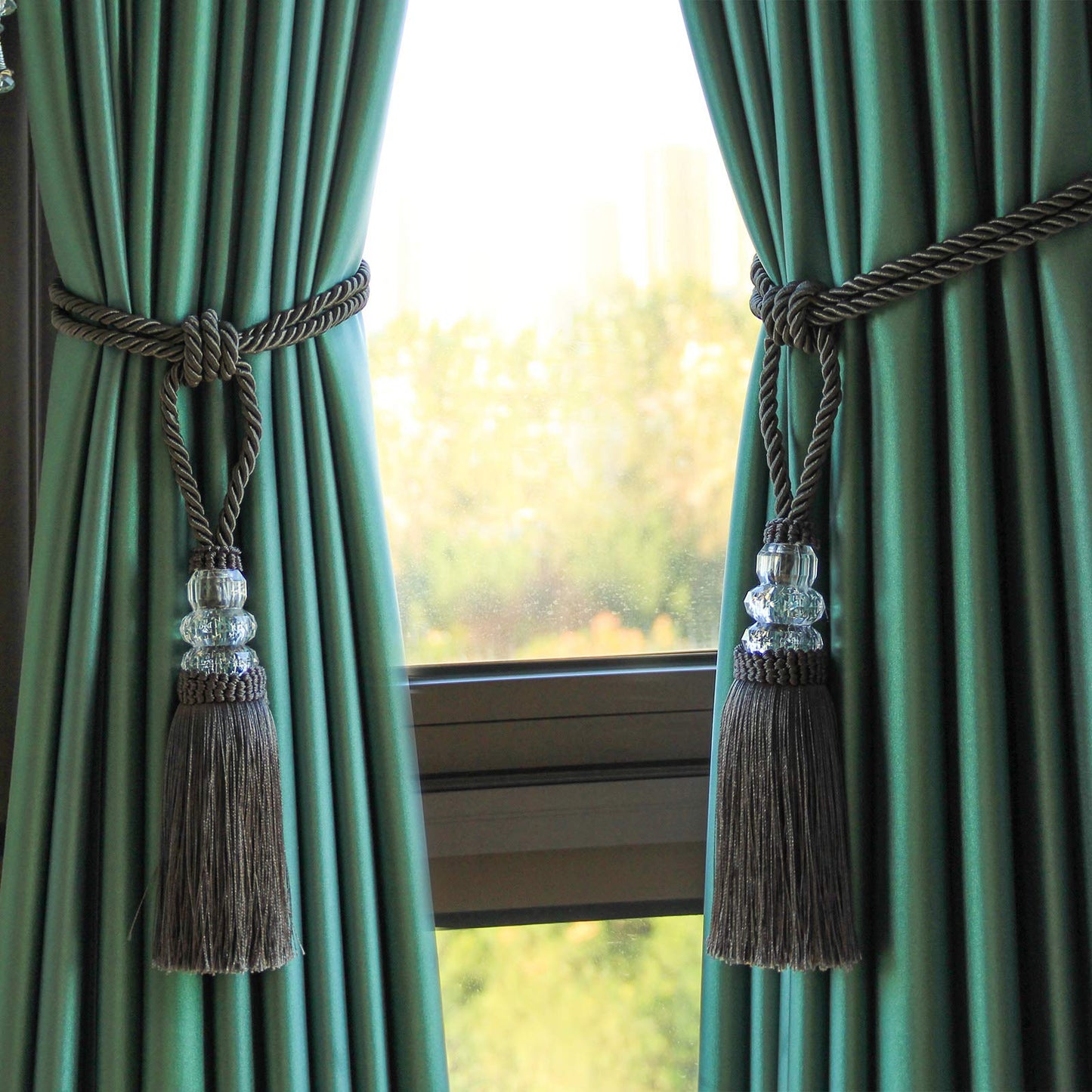 Fenghuangwu Tassel Curtain Tiebacks Handmade Curtain Tie Backs, Elegant Crystal Curtain Holdbacks for Home Office Decor (Charcoal, 2P)