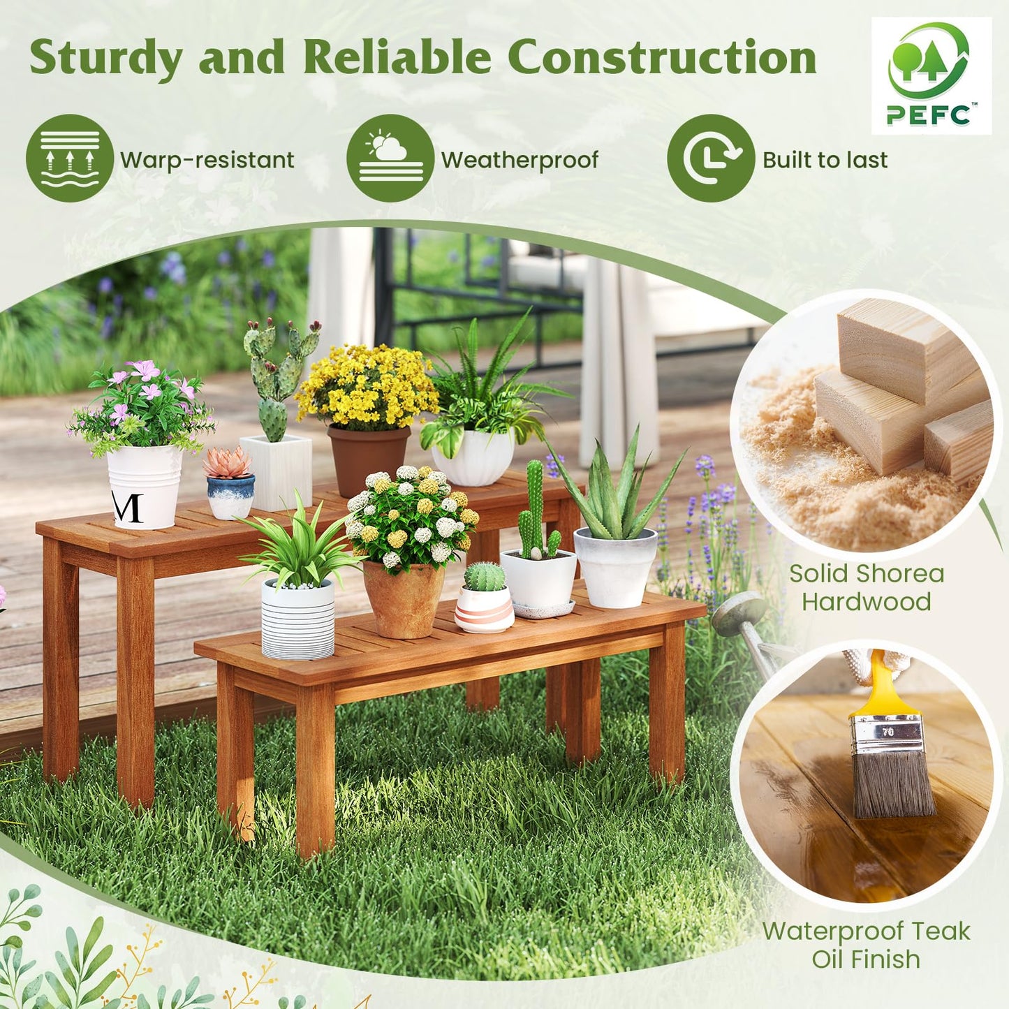 HOMGX Wooden Plant Stand Set of 2, Multifunctional Outdoor Backless Garden Bench with Slatted Seat, Easy Assembly, Rustic Flower Display Shelf for Yard, Entryway, Max Load 330 lbs, Natural