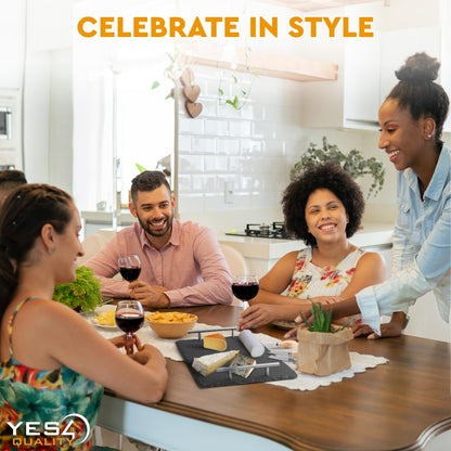 Slate Cheese Board Set w/Easy Carry Handles (14” x 10”, Black) Natural Stone Slate Tray for Appetizer Serving; Full Deluxe Cheeseboard Platter w/ 3 Knives, 1 Fork & 2 Soapstone Chalks by Yes4Quality