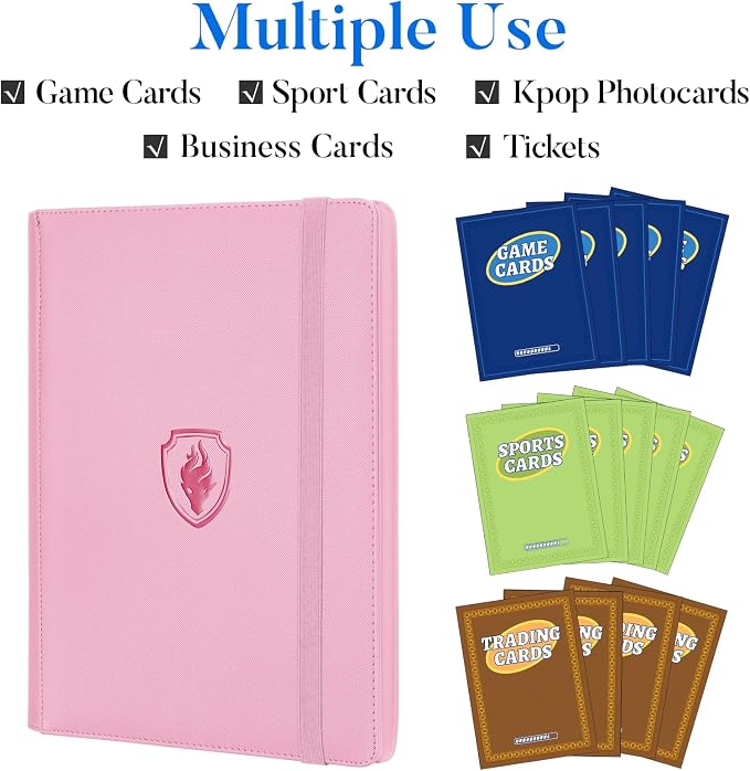 Premium 9 Pocket Card Binder for 360 Cards, Fabmaker PU Cover Trading Card Binder, Sturdy Card Collection Album, Sleek Card Holder Folders for Game Cards & Sports Cards, Pink