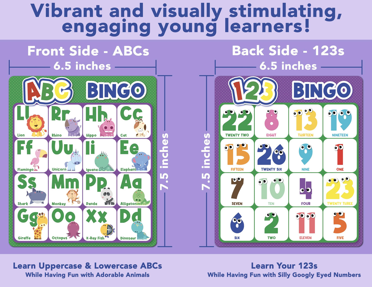 Party Hearty Alphabet and Number, ABC and 123 Bingo Board Game for Kindergarten and Preschool Kids Learn to Read Fun 2 Versions for Ages 4 and Up (Animal Edition)