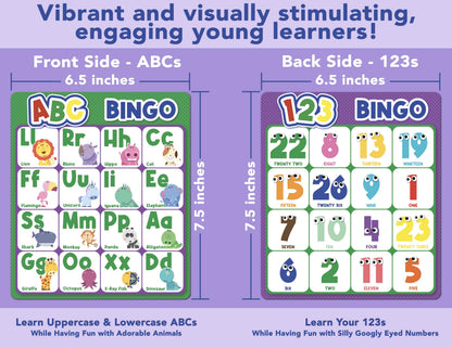 Party Hearty Alphabet and Number, ABC and 123 Bingo Board Game for Kindergarten and Preschool Kids Learn to Read Fun 2 Versions for Ages 4 and Up (Animal Edition)