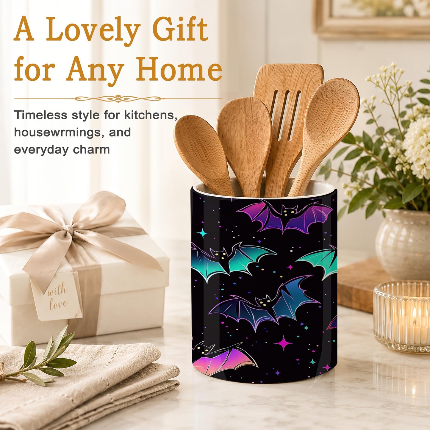 Axxitude Kitchen Utensil Holder,Magic Bat Large Ceramic Utensil Crock Organizer for Spatulas,Spoons and Cooking Tools,Kitchen,Home Decoration 6.3"