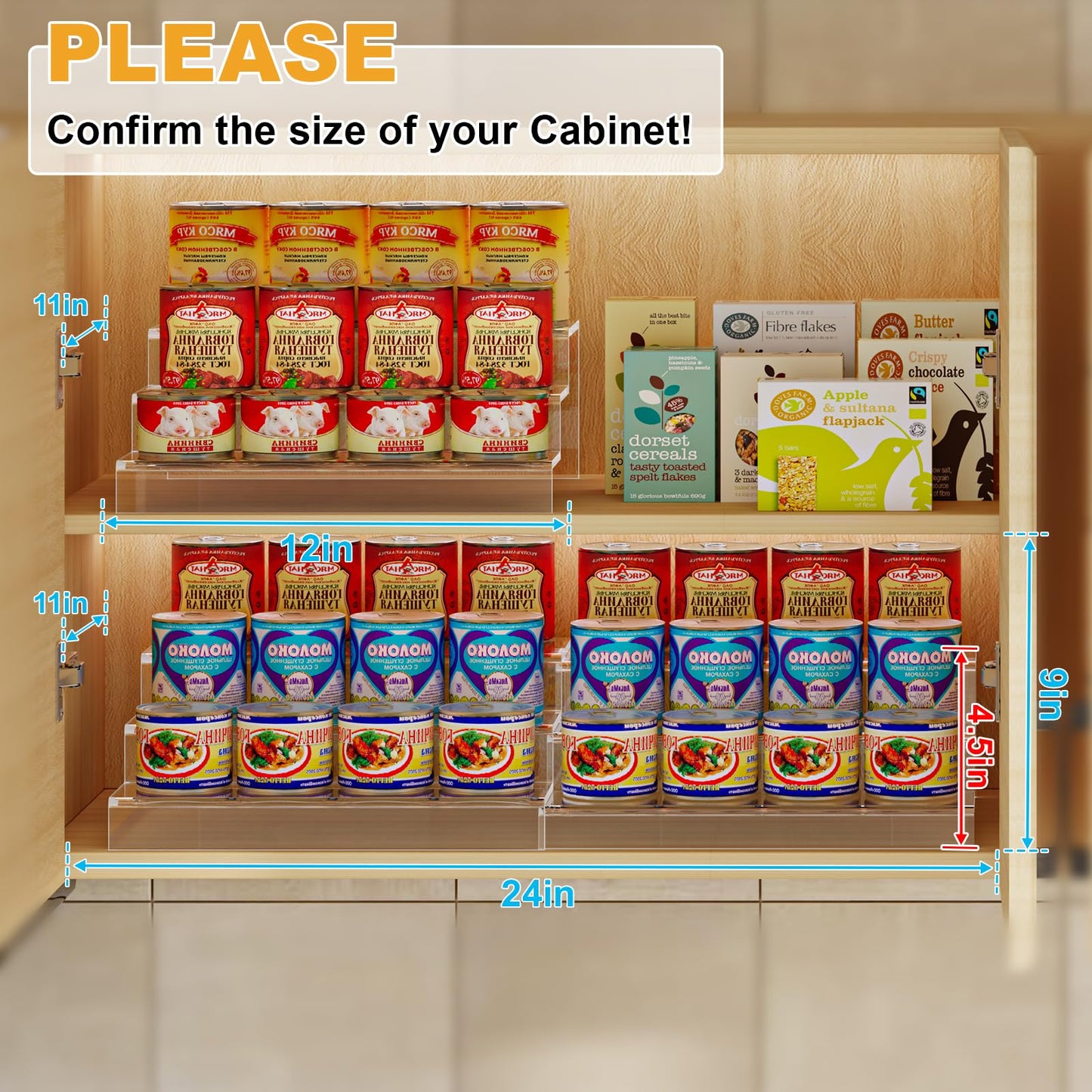 Adjustable Acrylic Can Rack Organizer for Pantry, 3 Tier Expandable Canned Storage Holder, Soda Can Dispenser Shelf Holds Up to 24 Cans, Clear Canned Display for Cabinet & Countertop (Patent Pending)