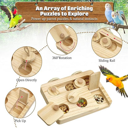BNOSDM Wooden Bird Foraging Puzzle Toys for Parakeets, Interactive Parrot Enrichment Toys for Training & Chewing, Slow Feeder Cage Accessories for Cockatiels, Conures, Lovebirds and Other Small Birds