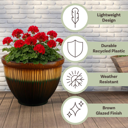 Plastic Plant Pot with Glazed Pottery Finish and Drainage - 13.7” Large Planters for Indoor Plants or Outdoor Garden - UV Resistant Decorative Flower Pot Faux Ceramic Planter by Pure Garden (Bronze)