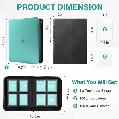 Toploader Binder, Holds 160 Toploaders, 100 Toploaders INCLUDED, 4-Pocket PU Cover Top Loader Binder for 3" x 4" Rigid Toploader, Ringless Double-Sided Toploader Card Binder for TCG, Sport Cards