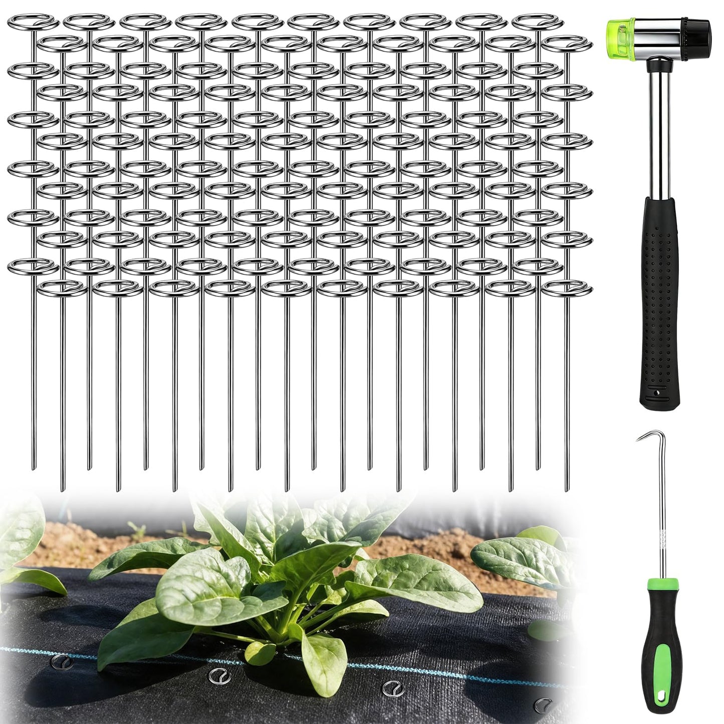6 Inch Landscape Staples with Hook & Hammer - 120pcs Circle Top Weed Barrier Stakes Kit, 9 Gauge Galvanized Rust-Resistant Garden Fabric Pins, for SOD, Garden Edging, Install & Remove Tools Included