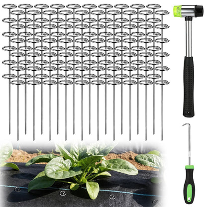 6 Inch Landscape Staples with Hook & Hammer - 120pcs Circle Top Weed Barrier Stakes Kit, 9 Gauge Galvanized Rust-Resistant Garden Fabric Pins, for SOD, Garden Edging, Install & Remove Tools Included