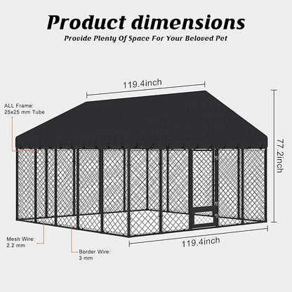10x10FT Dog Kennel Outdoor with Roof - Heavy Duty Metal Fence Playpen for Large Dogs, Weatherproof Enclosure with Double Lock Gate & Feeding Swivel Door