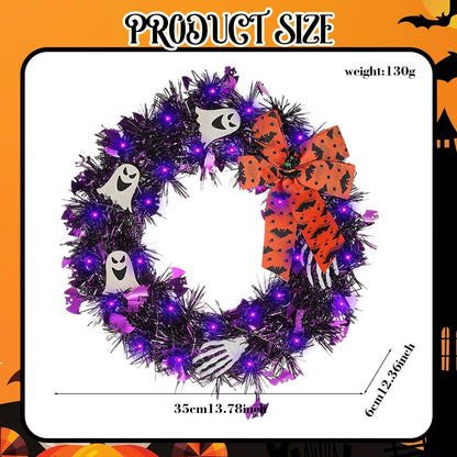 Halloween Wreath for Front Door with Lights,13 Inch Ghost Wreath Halloween Decorations for Indoor Window Party Holiday Wall Home Decor (Ghost)