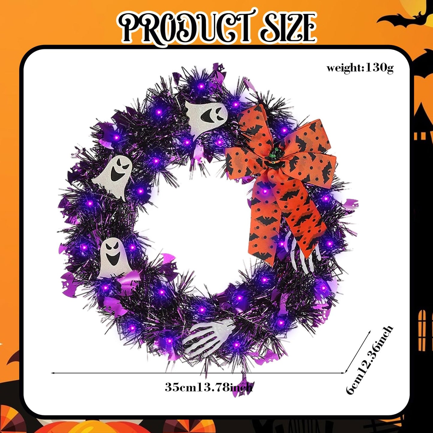 Halloween Wreath for Front Door with Lights,13 Inch Ghost Wreath Halloween Decorations for Indoor Window Party Holiday Wall Home Decor (Ghost)