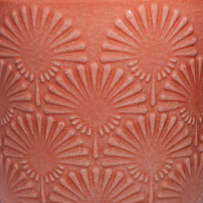 Xiaan Jiaju Boho Embossed Ceramic Flower Pot, 6.7 Inch Modern Planter Pots for Indoor Plants, Bohemian Chic Decorative Glazed Plant Pot with Fanburst Pattern, Coral Blush