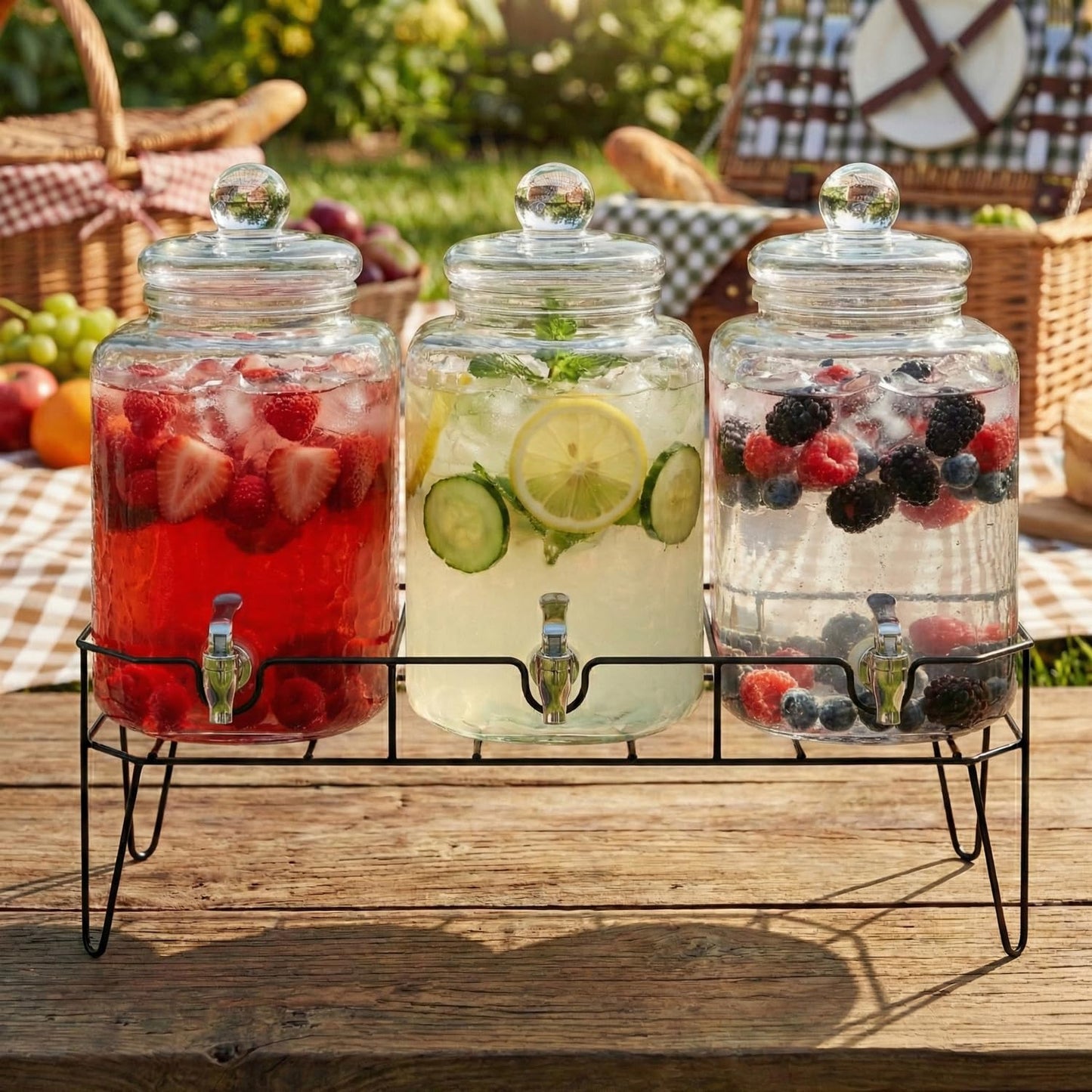 Style Setter Premium Glass Drink Dispensers with Metal Stand for Parties – Beverage Dispenser Set for Cold Drinks, Lemonade, Cocktails, Juice – Party Glass Drink Dispenser Station - 1.5 Gal, Set of 3