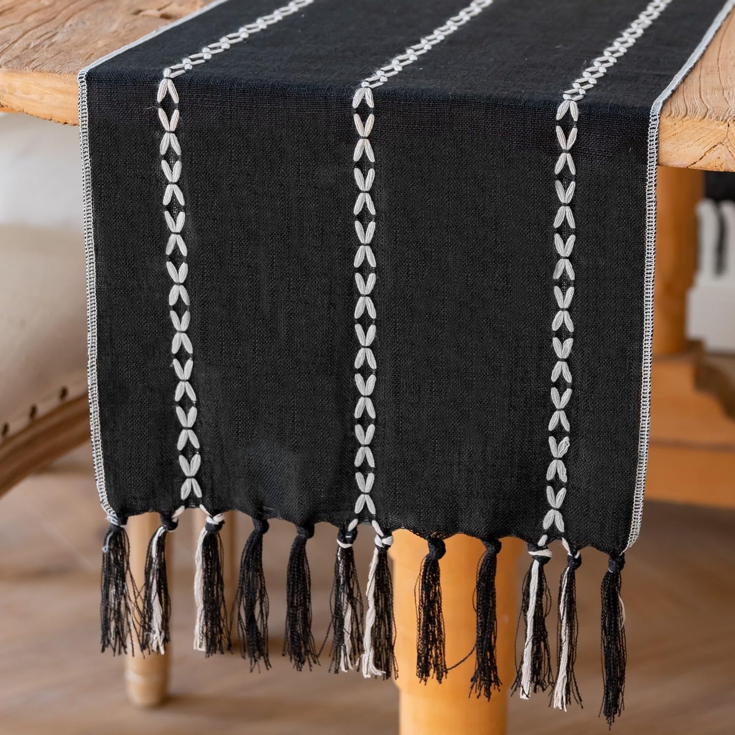 Niviy Halloween Black Table Runner 48 Inches Long, Fall Black Embroidered Striped Braided Boho Table Runner for Holiday Home Party Indoor Outdoor 12 x 48 Inch