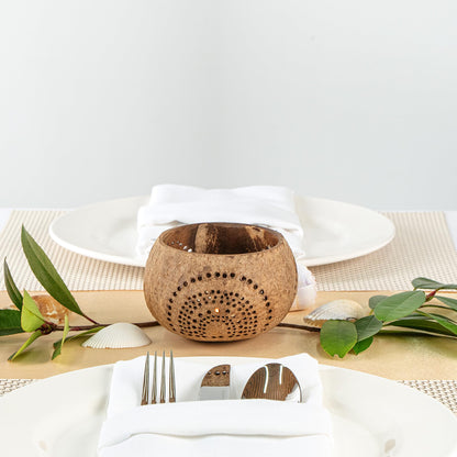 Restaurantware - Coco Casa 4 x 3.3 Inch Coconut Shell Candle Holders, 1 Reusable Tealight Candle Holders - Candle Not Included, Geometric Pattern, Tan Coconut Bowls for Candles, Handcrafted
