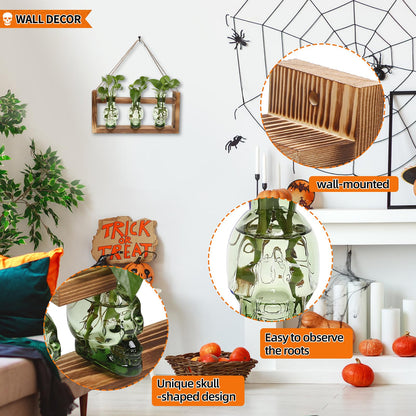 Plant Terrarium Propagation Stations Hydroponics Halloween Skull Planter Vase Skulls Decor with Wooden Stand Gift for Father