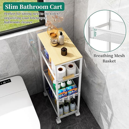 Utility Slim Storage Cart, 4 Tier Rolling Cart with Wheels, Laundry Shelves with Wood Top, Narrow Cabinet for Bathroom Organization, Small Organizer for Kitchen, Office and Dorm (White, 9.1'')