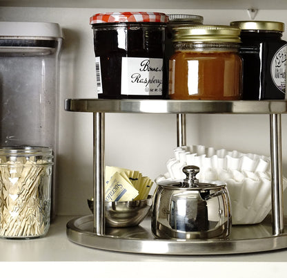 RSVP International Two-Tier Turntable Lazy Susan | Handy in Cabinet, Refrigerators & Counters | Organize Spices, Canned Foods, Pots, Pans, Dinnerware, 10.5" x 6", Stainless Steel