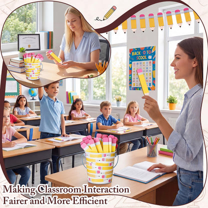 ReliThick 101 Pcs Pencil Flip Name Sticks with Metal Buckets Back to School Talking Sticks with Metal Holder Set for Classroom Management Tool Teacher Essentials Educational Activities