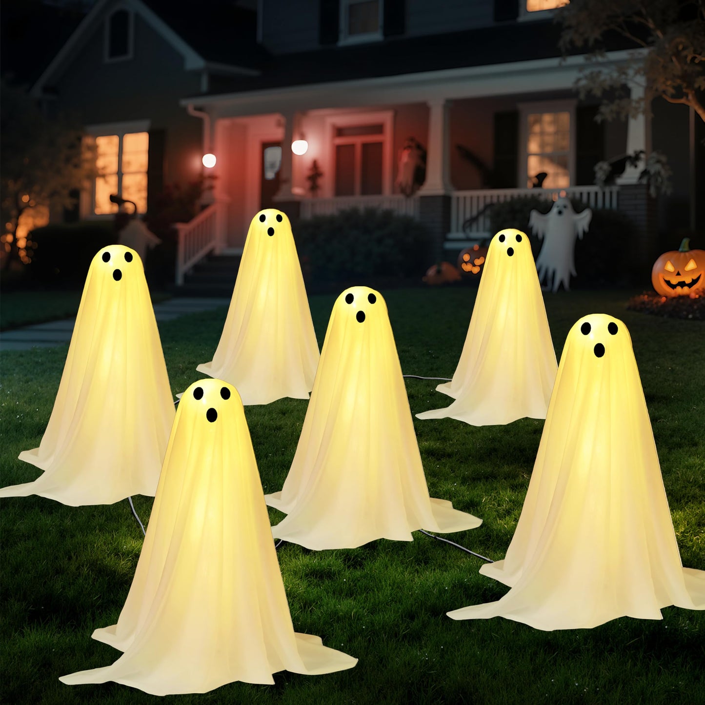JOYIN 3 Pcs Halloween Decorations Outdoor Ghosts Pathway Lights, 18” White Cloth Ghost with White Light Up Yard Stakes for Graveyard Yard Lawn Garden Prop, Party Decor Supplies