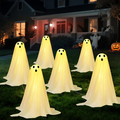 JOYIN 3 Pcs Halloween Decorations Outdoor Ghosts Pathway Lights, 18” White Cloth Ghost with White Light Up Yard Stakes for Graveyard Yard Lawn Garden Prop, Party Decor Supplies