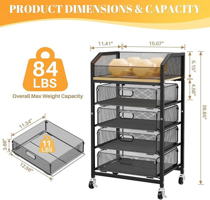 SUNALLY Makeup Organizer Cart with 4 Drawers, Rolling Makeup Storage Cart Metal Skincare Organizers, Large Vanity Storage Organizer Cosmetics Display Cases for Skin Care Perfume Nail Polish, Black
