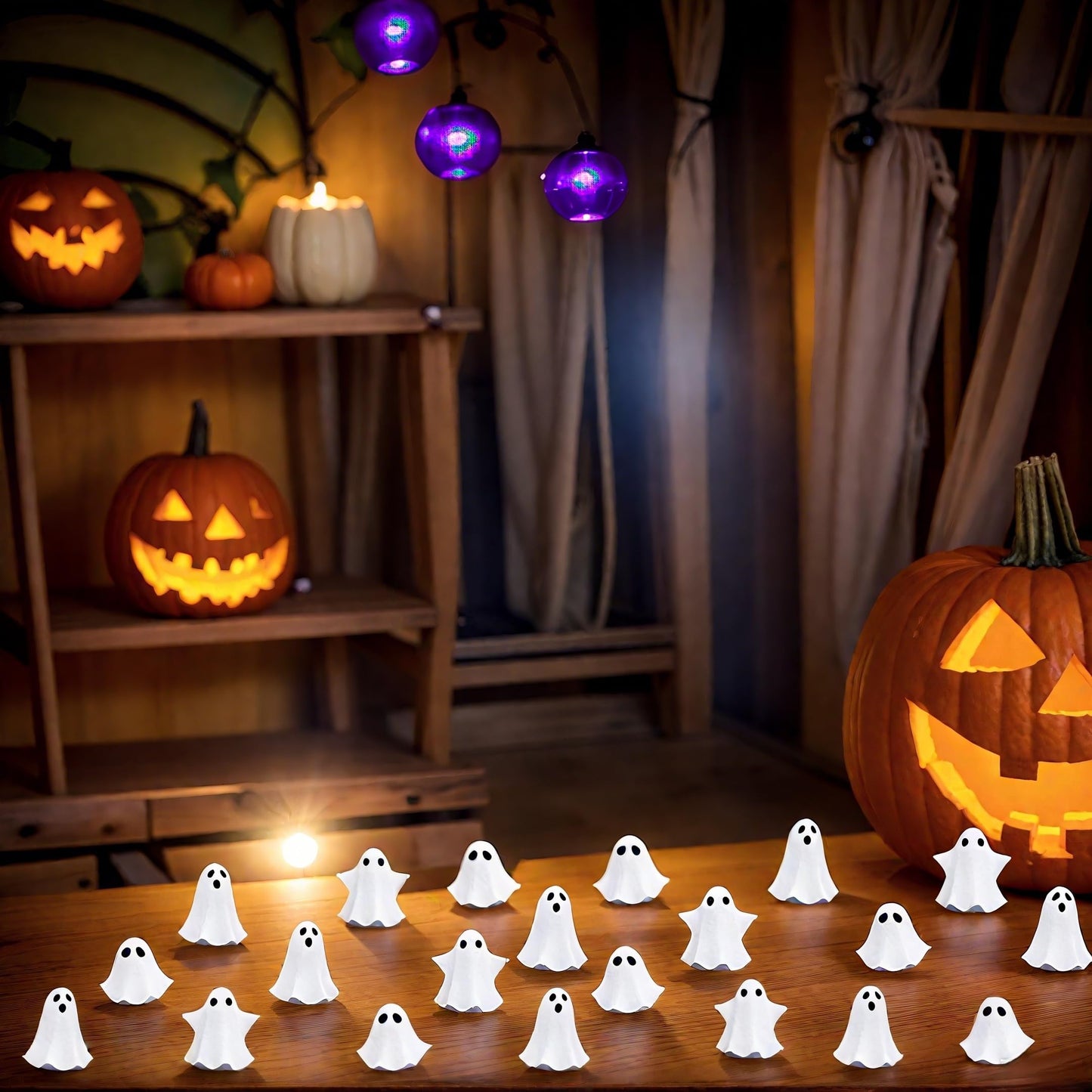 FESTGLOX 50Pcs Mini Resin Ghosts, Small Ghost Figurines, Tiny Halloween Miniatures for Spooky Tiered Tray Decor, Vase Filler, Home Tabletop Shelf Centerpieces, Party Favors Gift