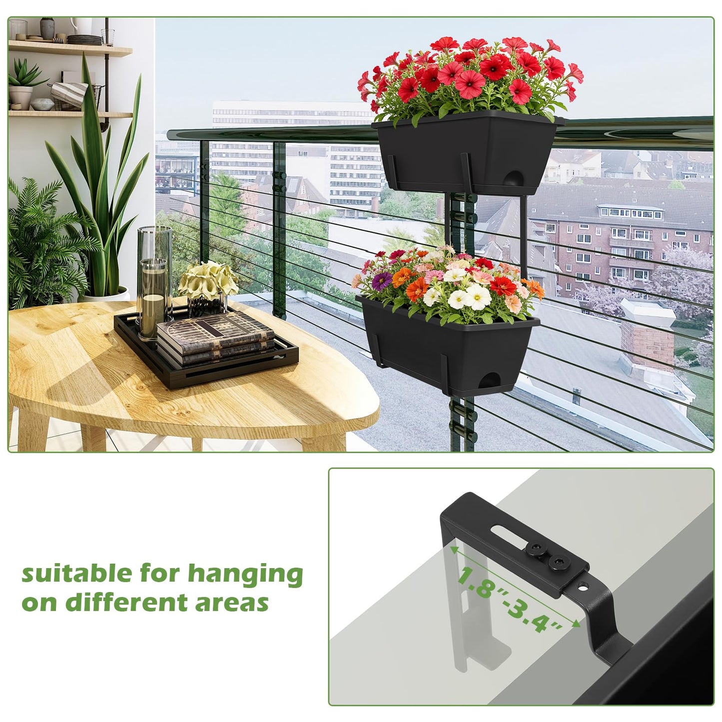 YAHKBTEN Railing Planter Boxes 2 Pack Window Boxes Planters with 2-Tier Adjustable Brackets, 17'’ Deck Railing Planter Boxes Vertical Balcony Hanging Flower Pots for Fence Rail Porch Garden Decor