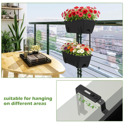 YAHKBTEN Railing Planter Boxes 2 Pack Window Boxes Planters with 2-Tier Adjustable Brackets, 17'’ Deck Railing Planter Boxes Vertical Balcony Hanging Flower Pots for Fence Rail Porch Garden Decor
