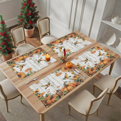 Thanksgiving Day Vinyl Placemats Set of 4 for Dining Tables,Fall Pumpkin Bird Sunflower on Wood Kitchen Table Mats Heat Resistant Washable Wipeable PVC Place Mat for Indoor Outdoor Seasonal Party