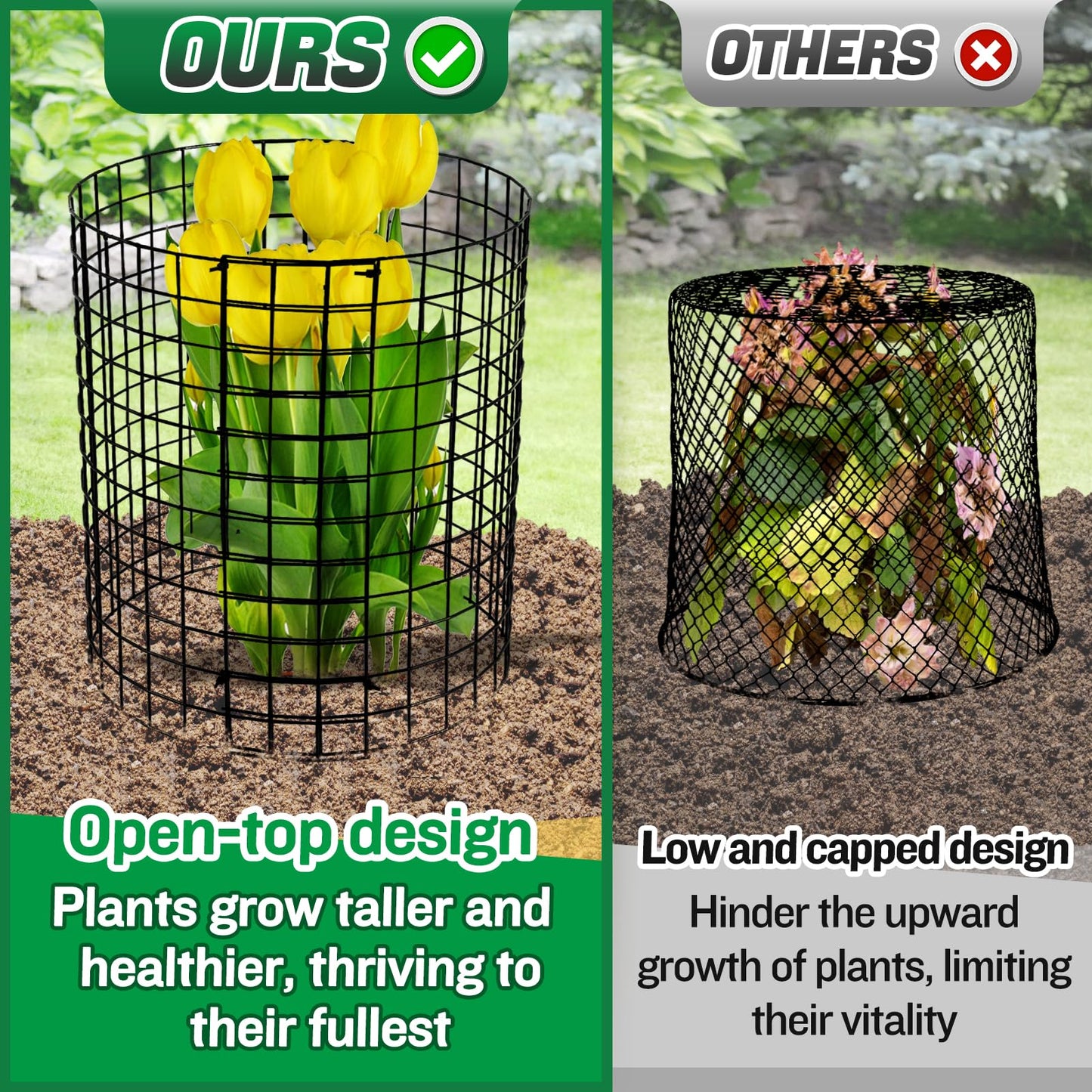 12-gauge Wire Pre-Bent Quick Setup Plant Protectors from Animals -14''H *13''Dia Chicken Wire Plant Cages to Keep Rabbits Deers Squirrels Out, Garden Bunny Barricades with Zip Ties Stakes, 7Pack
