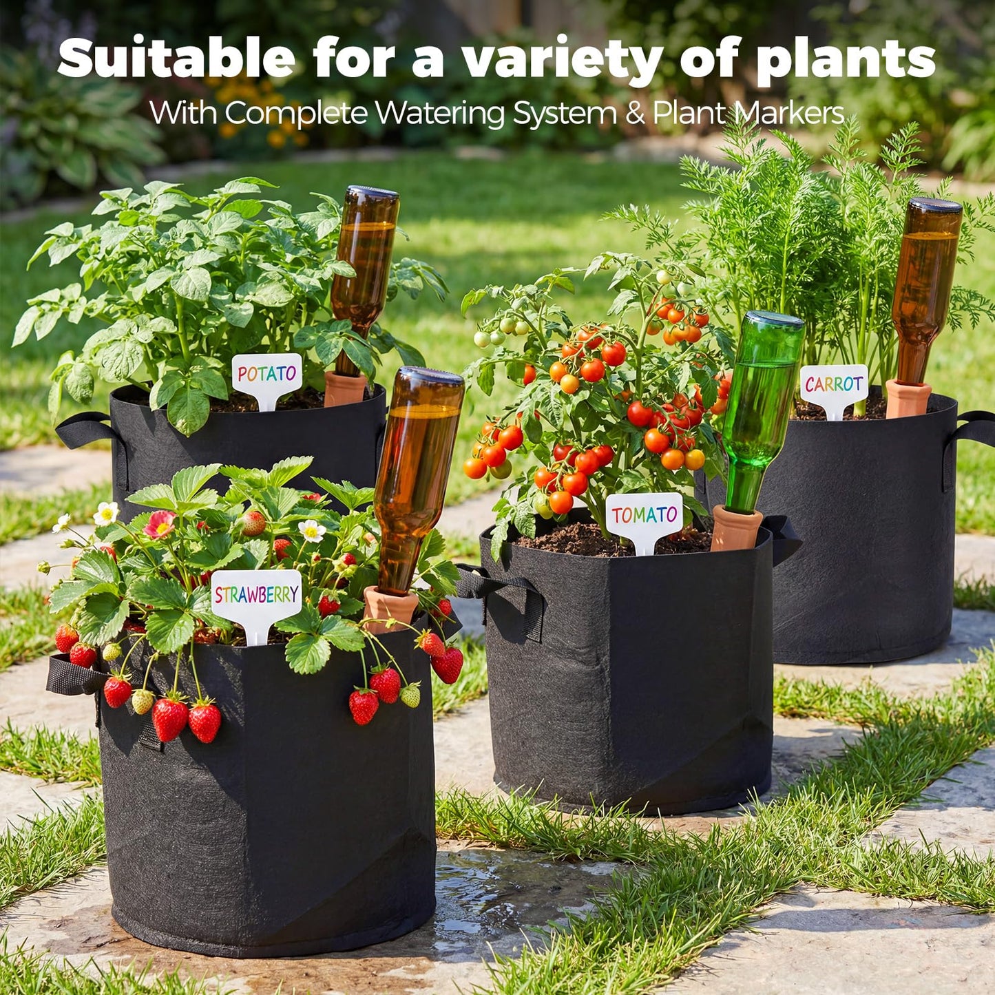 5-Pack 10 Gallon Self Watering Grow Bags with 5pcs Terracotta Watering Spikes, Fabric Growing Plant Bags Garden Planting Pots for Gardening Outdoor, Planter Bags for Potato Tomato Cucumbers Vegetables