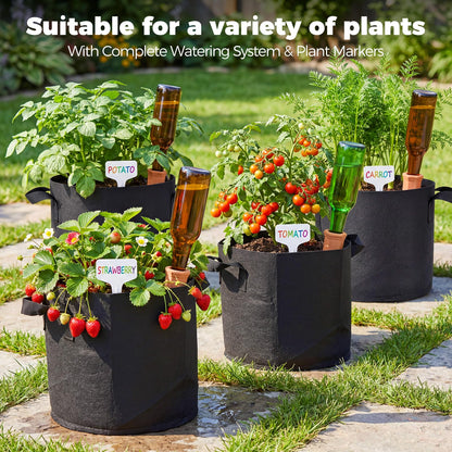 5-Pack 10 Gallon Self Watering Grow Bags with 5pcs Terracotta Watering Spikes, Fabric Growing Plant Bags Garden Planting Pots for Gardening Outdoor, Planter Bags for Potato Tomato Cucumbers Vegetables