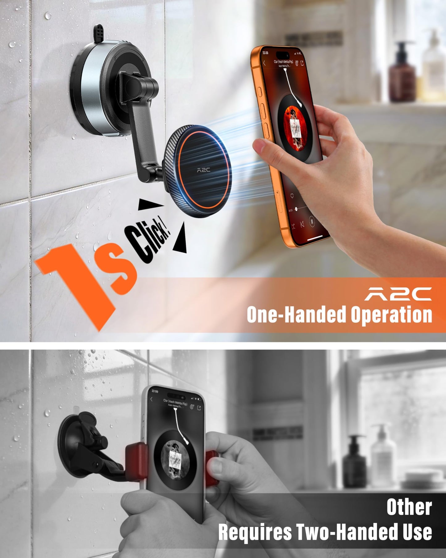 A2C Shower Phone Holder for MagSafe, Reusable Gel-Lock Suction Cup Phone Mount with 4-Inch Dual Pivot Adjustable Arm, Phone Holder for Shower, Mirror, Kitchen & Bathroom for iPhone 12-17 & All Phones