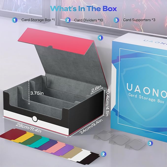UAONO Card Storage Box for Trading Cards, 1800+ PU Leather Commander Card Deck Case, Magnetic Closure Card Holder Fits for Magic Game Cards (Red&White)