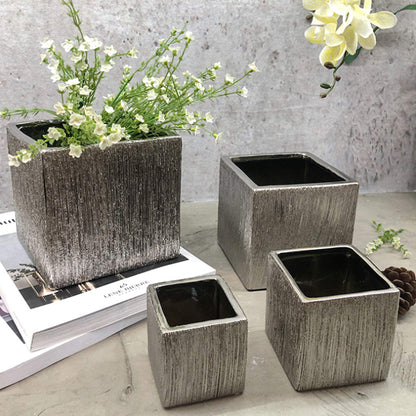 WGV Ceramic Cube Vase Width 4" Height 4" (Fits 3" Pot) Elegant Modern Block Square Floral Planter Terrarium Container Table Dresser for Event Accent Home Office Decor Silver Textured 1 Piece