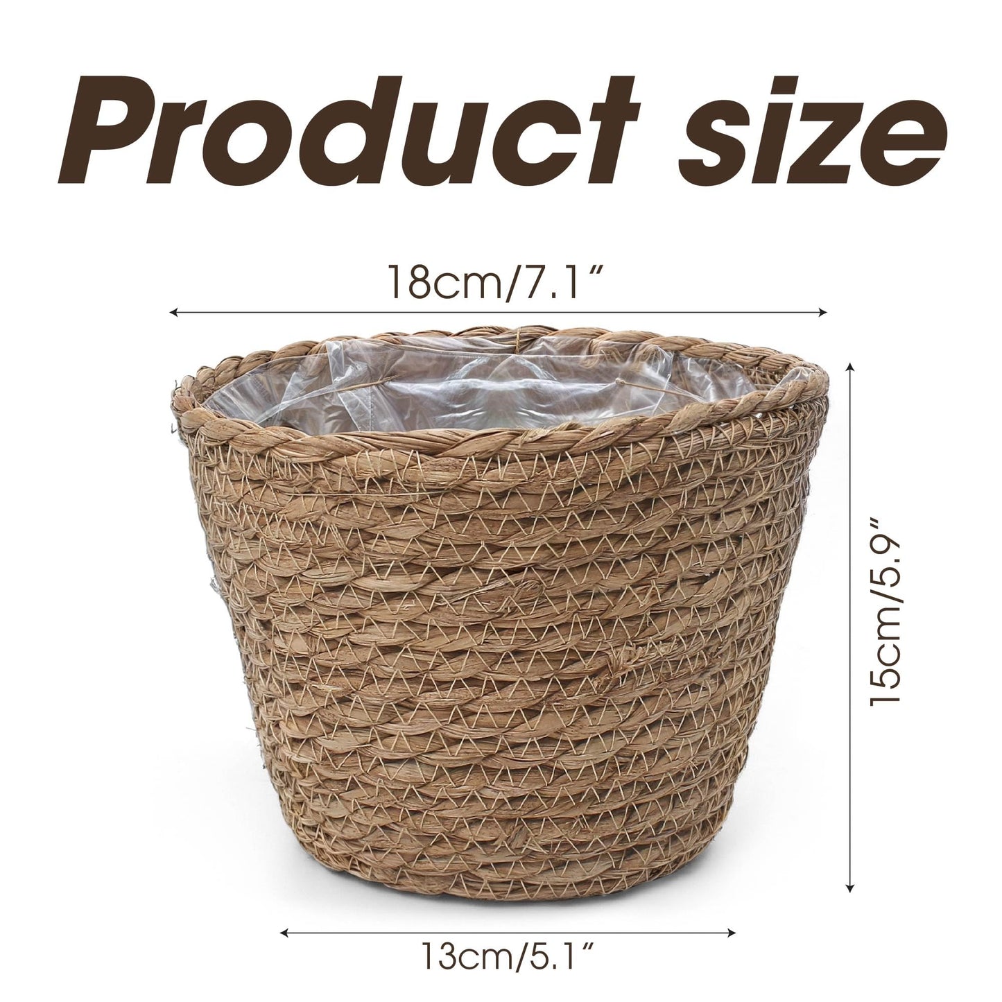 Small Basket Planter 7.1" x 5.9" Seagrass Containers, Hand Woven Wicker Cover Storage, Stylish Plastic Liners Straw Flower Jute Pots for Outdoor Indoor Use Mums Front Porch Room Decoration
