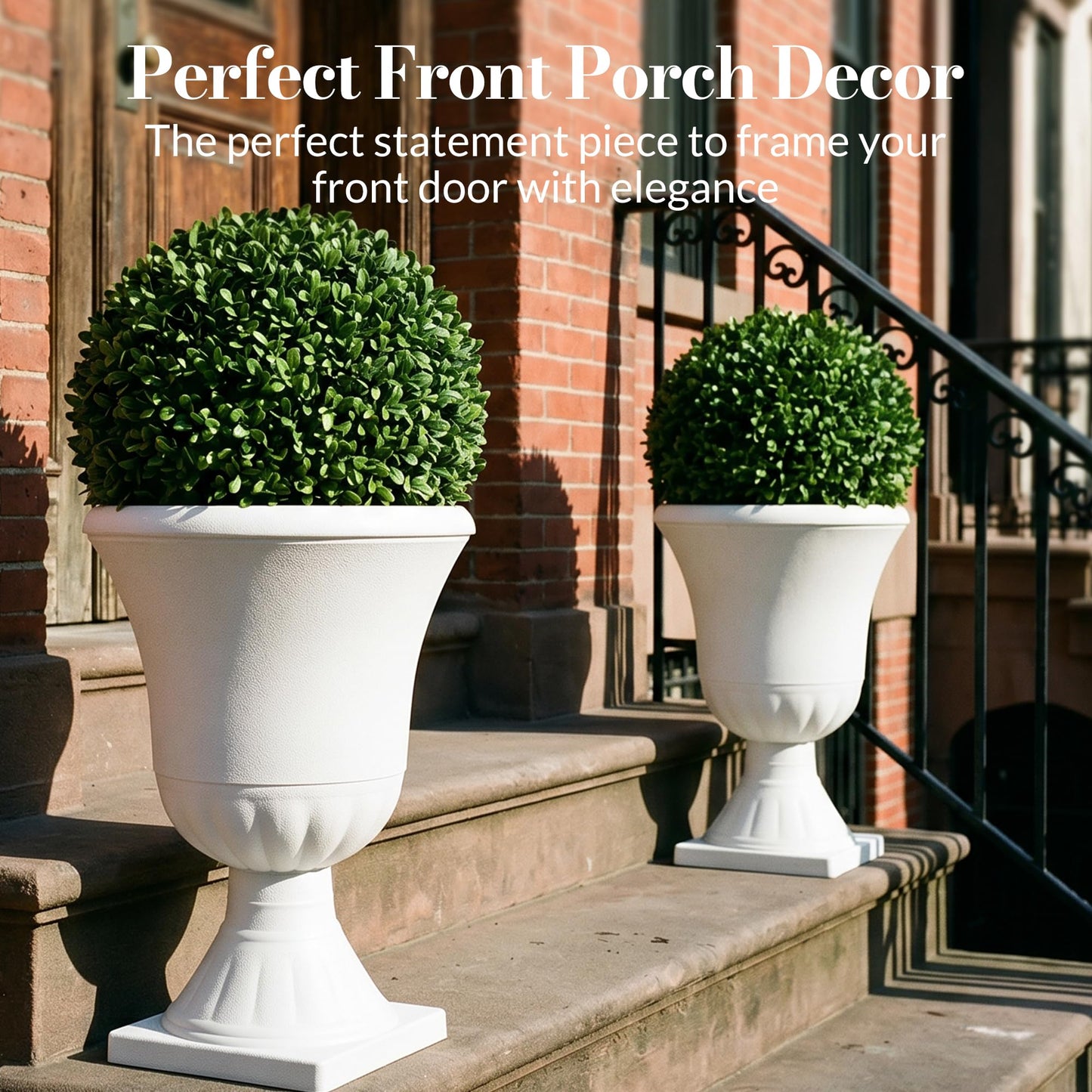 Worth Garden 2-Pack Plastic Urn Planters - 22'' Tall Round Classic Resin Flower Pots Pure White Traditional Large Roman Plant Pots for Front Porch Patio Deck Wedding Decoration Pot - Indoor & Outdoor