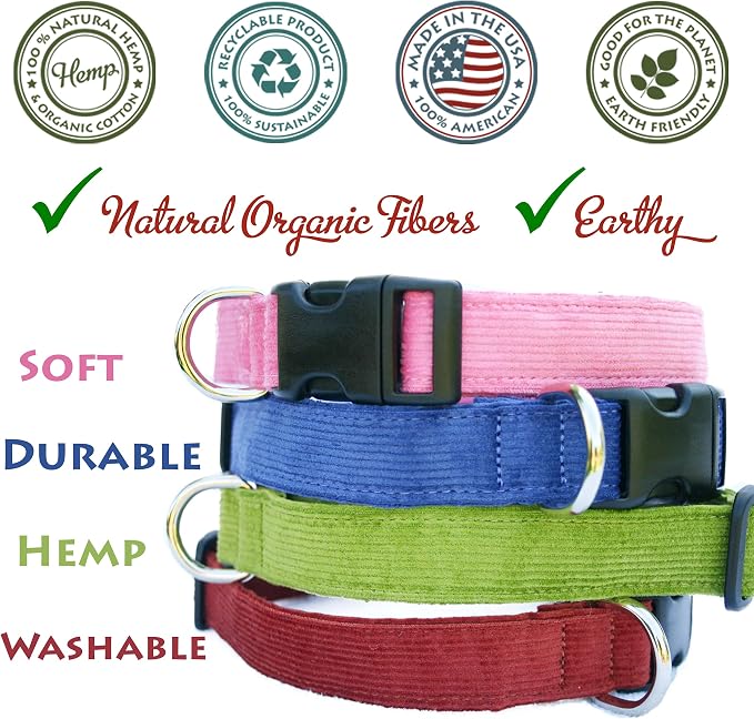 Hemp Corduroy Dog Collar Available in 9 Colors (Rust, Marigold, Bronze, Avocado, Blue, Plum, Pink, Red, Black) Sold in 6 Sizes (3/4" Small, Avocado)