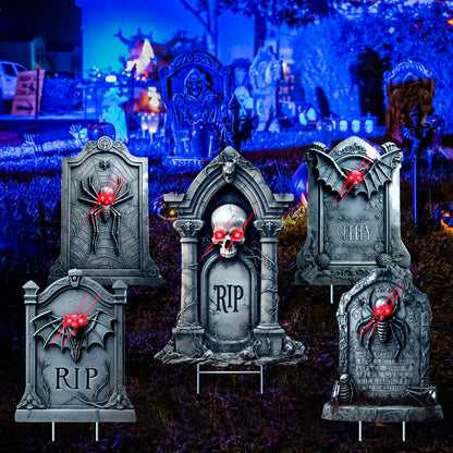 5 Pack Tombstone Halloween Decorations Plastic Yard Signs with Stakes,Graves Halloween Decorations Outdoor, Scary Gravestone Decorations with Glow in Dark Eyes for Outdoor Yard Lawn Garden Waterproof
