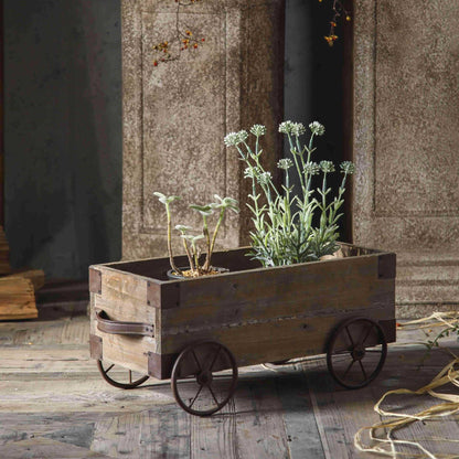 TerkCo Rustic Wooden Wagon Planter, Distressed Wood with Metal Wheels, Farmhouse Style Outdoor Patio Flower Pot,Garden Backyard Planter