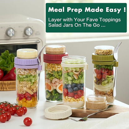 Danmu 24 oz Glass Meal Prep Containers 4-Pack with Lid & Dressing Cup - Leak Proof Salad Jars & Overnight Oats Containers with Lids Stainless Steel Fork Included for On the Go Lunch, Work, Fitness