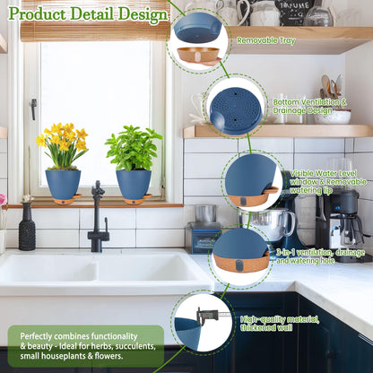 6 Inch Self Watering Pots for Indoor Plants(5-Pack) – Small Plastic Planters with Water Level Window, Drainage Holes & Detachable Trays, Indoor Outdoor Flower Pots for Herbs, Snake,Pothos(Navy Blue)